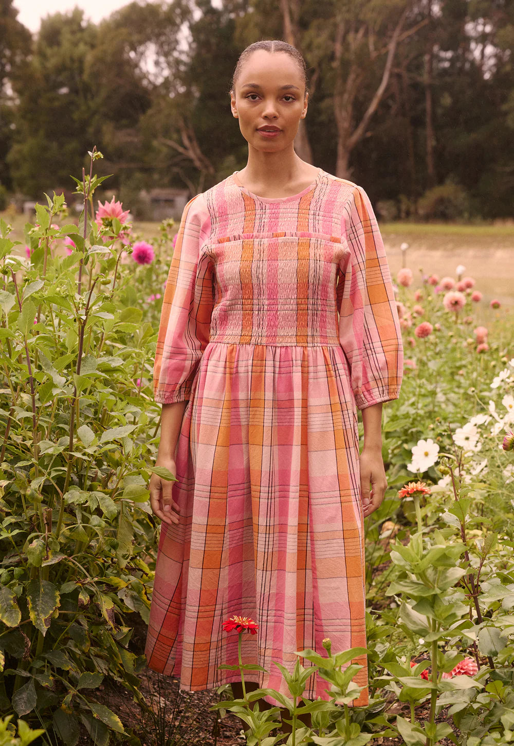 Nora Shirred Dress - Pink Check