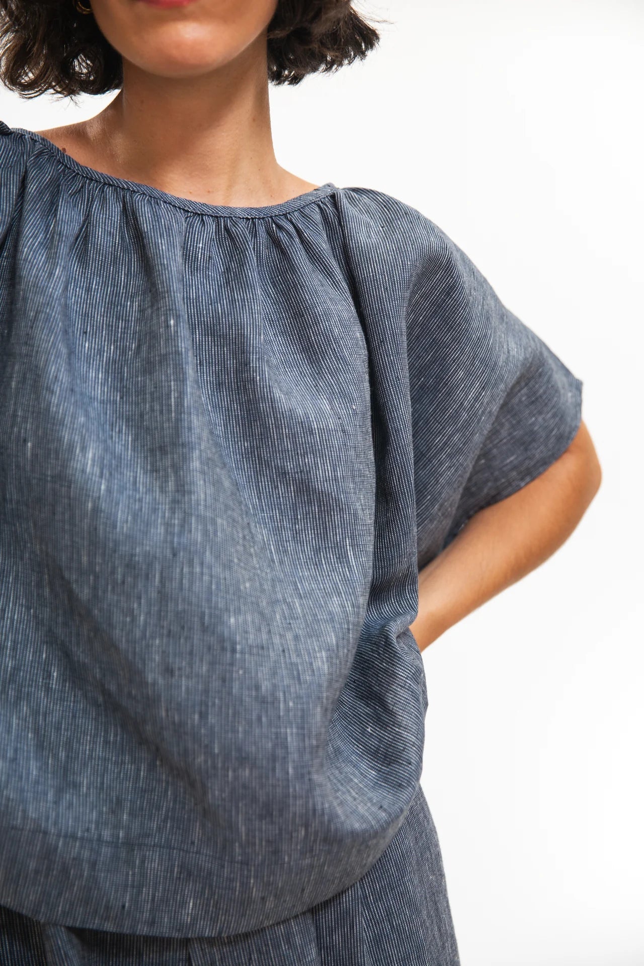 Poppy Top - Navy Pinstripe