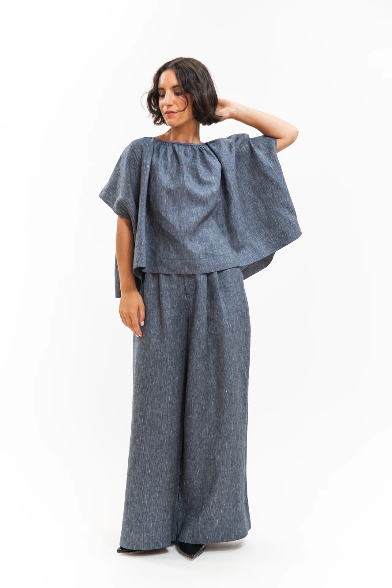 Poppy Top - Navy Pinstripe