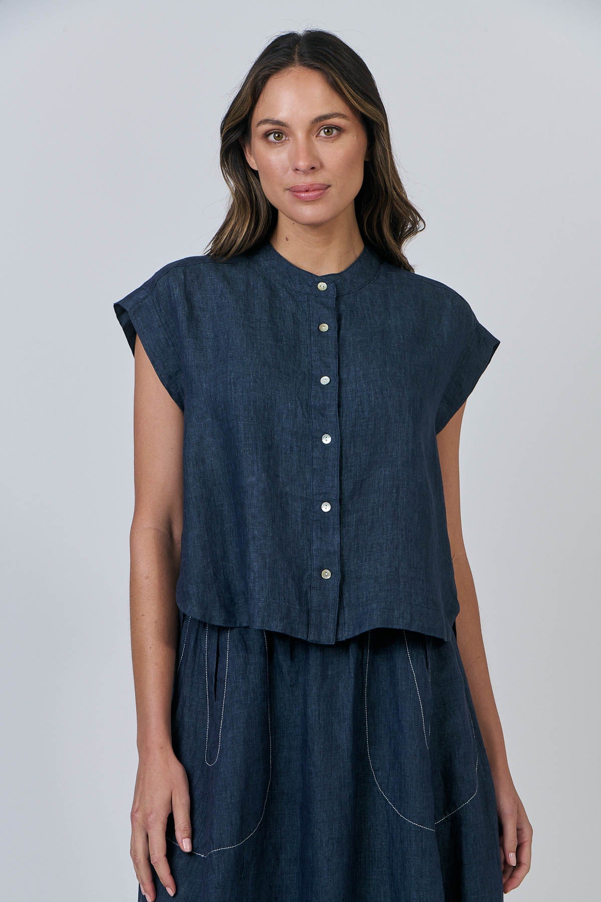 Collarless Cap Sleeve Shirt