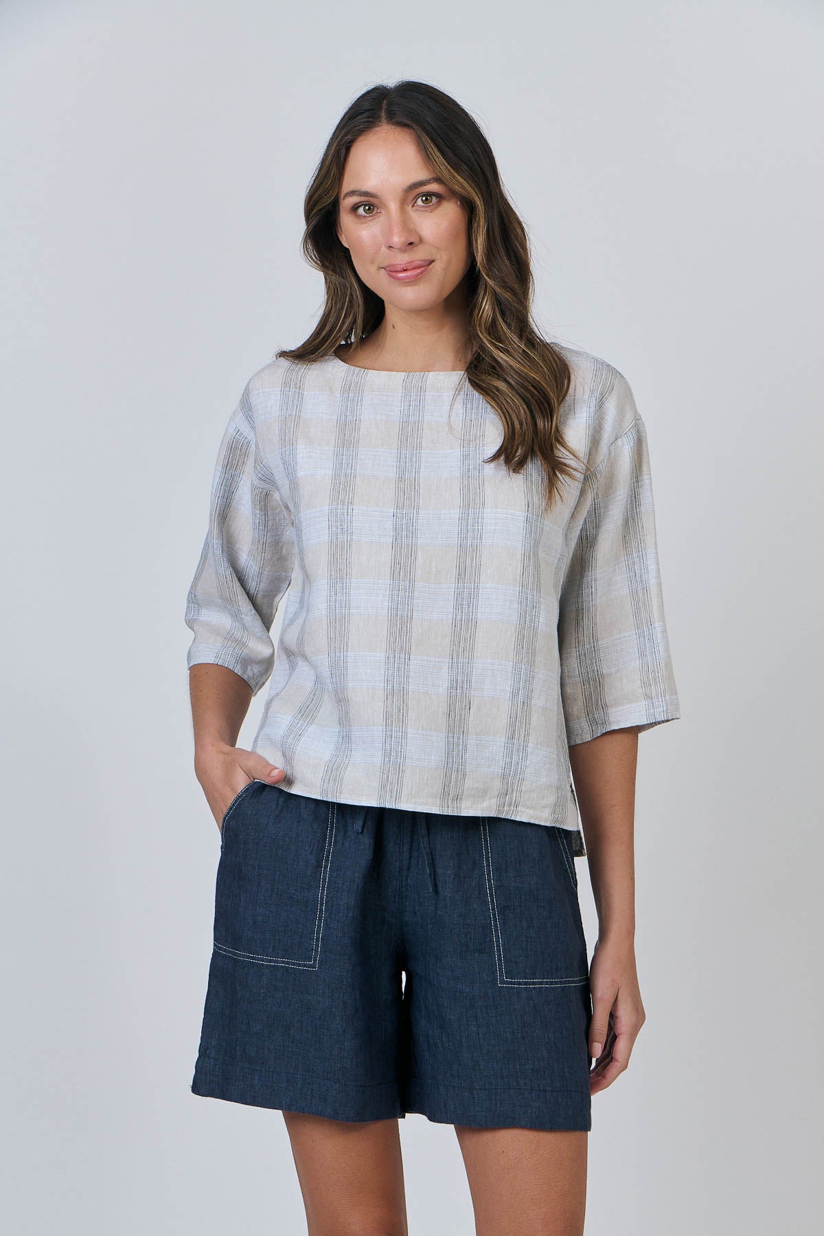 Alicia Linen Top - Mesh Check
