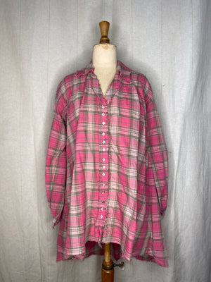 Linen/Cotton Pintuck Shirt w Collar - Pink Checks