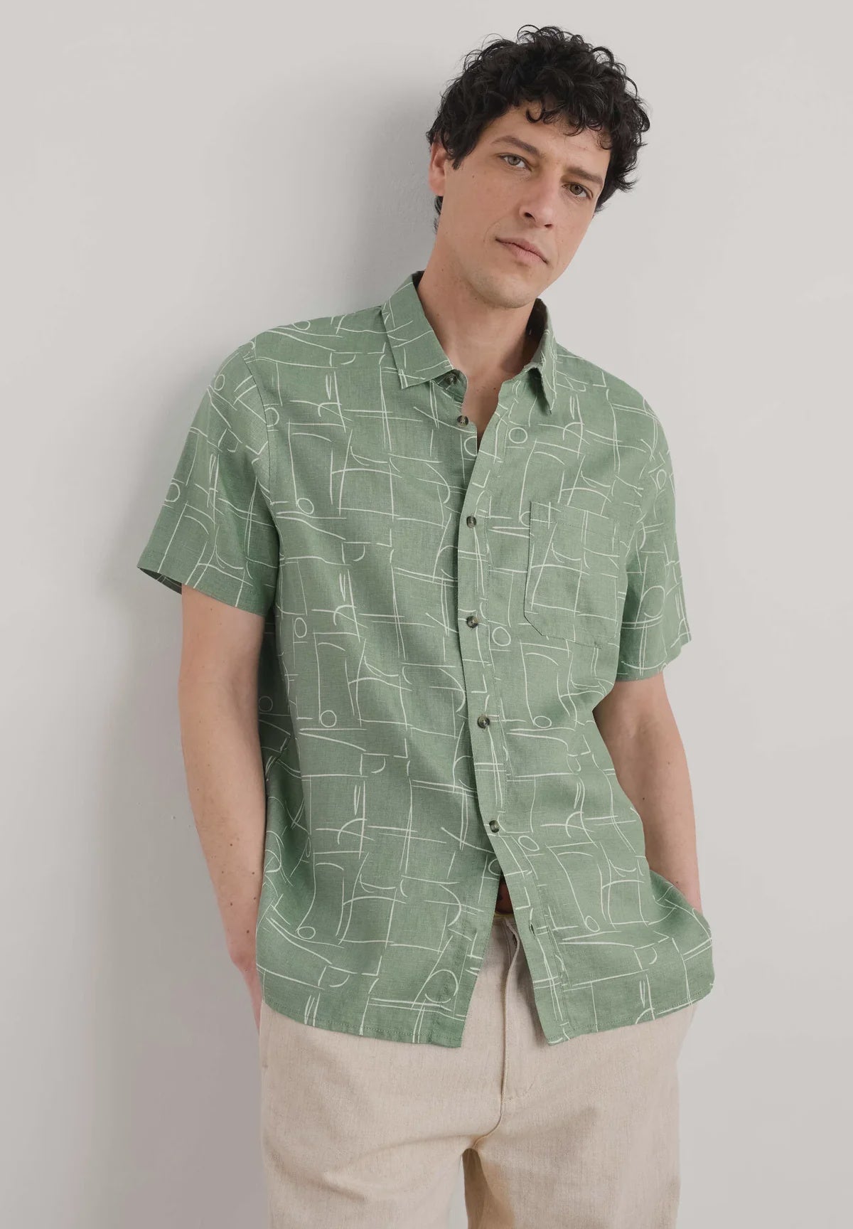 Men's Blue Heron S/Sleeve Shirt - Loose Lines Dark Pistachio