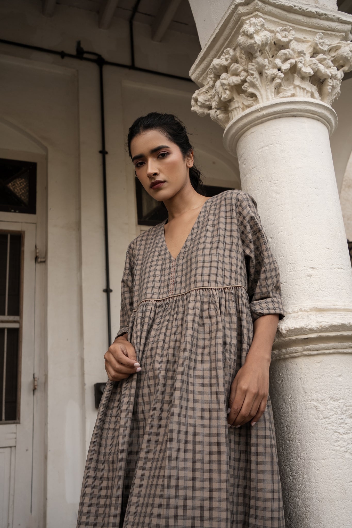 Sophia Dress - Beige Check