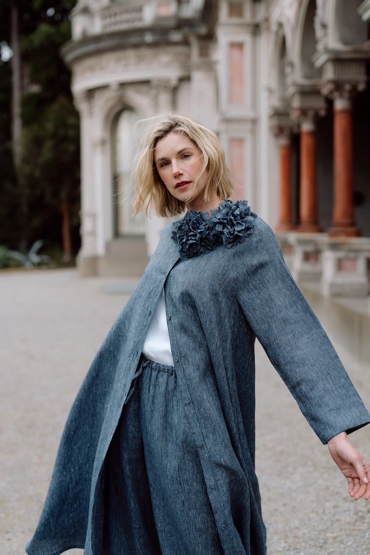 Fabric Flower Brooch - Navy Pinstripe